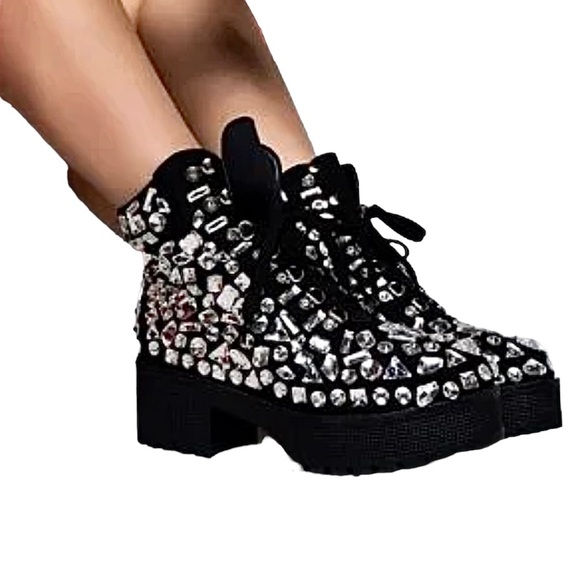Akira Azalea Wang Tryna Black Lace-up Crystallized Gems Bootie 7 - Picture 1 of 13